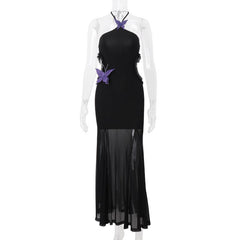 Halter butterfly applique hollow out mesh maxi dress