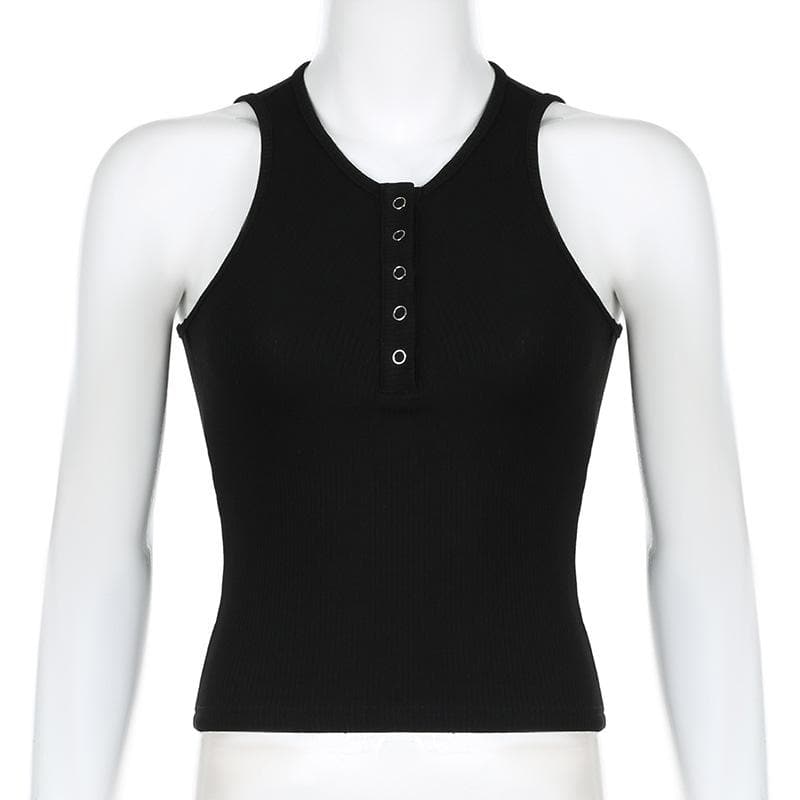 Button v neck ribbed solid sleeveless top