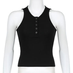 Button v neck ribbed solid sleeveless top