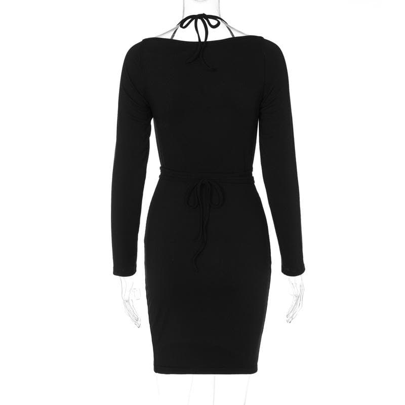 Cross front self tie halter solid long sleeve notch neck mini dress  | black rave dress  | black rave dress