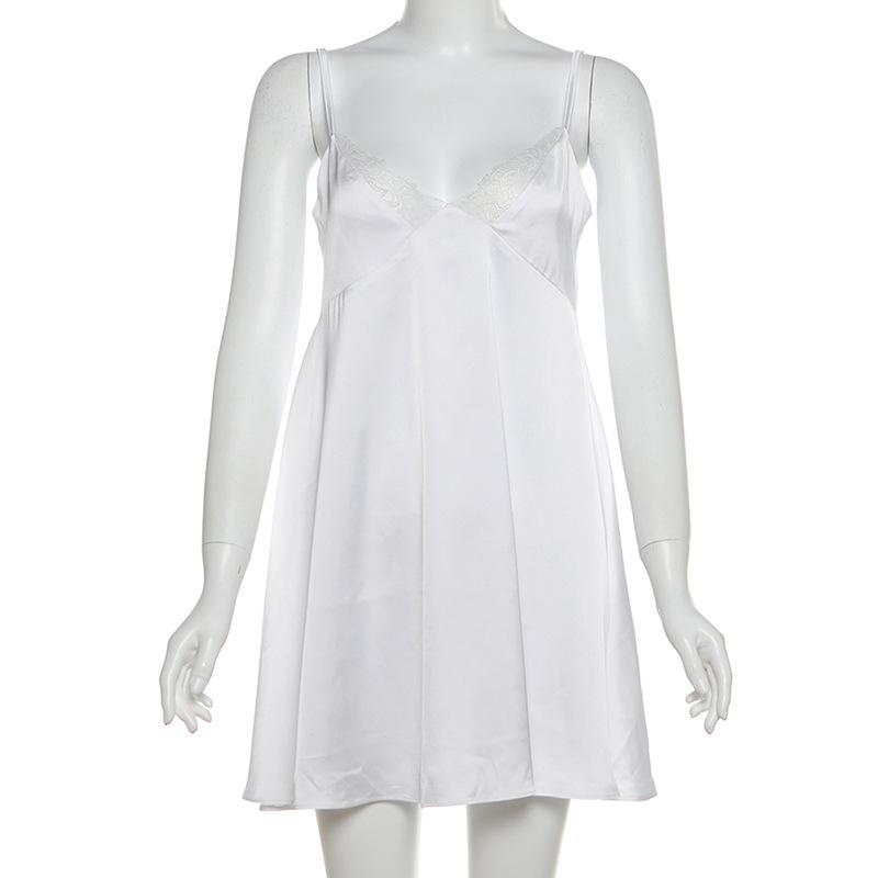 Lace hem backless solid cami mini dress
