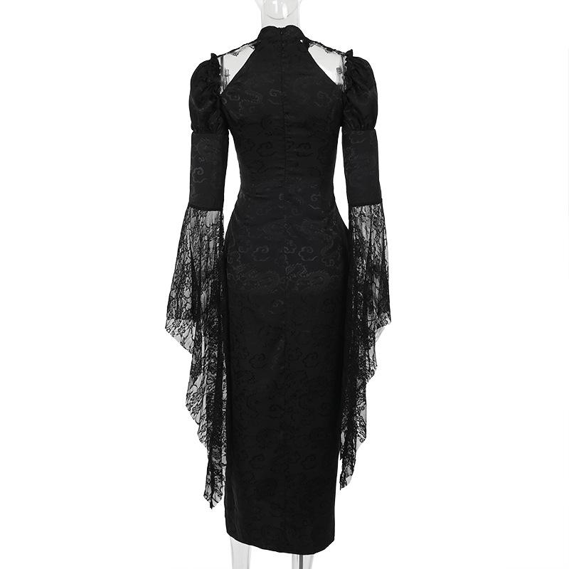 Puff sleeve lace up slit maxi dress