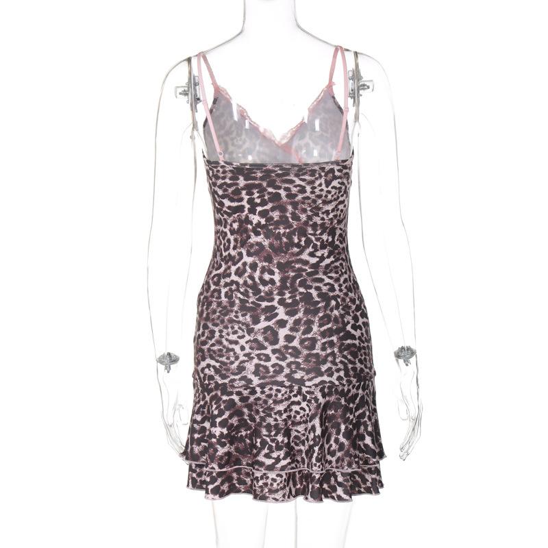 Leopard print v neck lace hem cami mini dress
