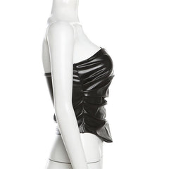 PU leather ruched sweetheart neck solid tube top