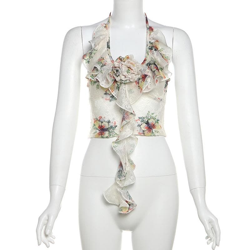 Halter ruffle u neck flower applique print top