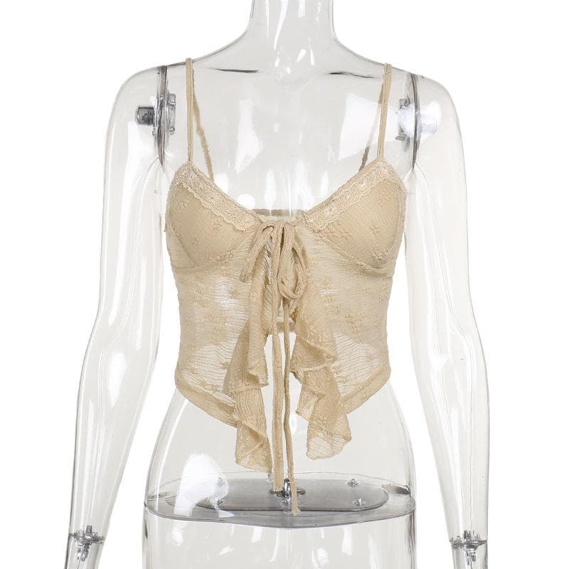 Ruffle textured v neck lace hem cami top