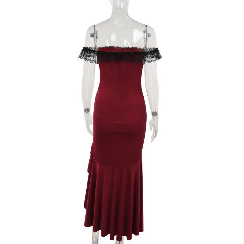 Off shoulder lace hem slit velvet metal applique ruched maxi dress  | red tango dress