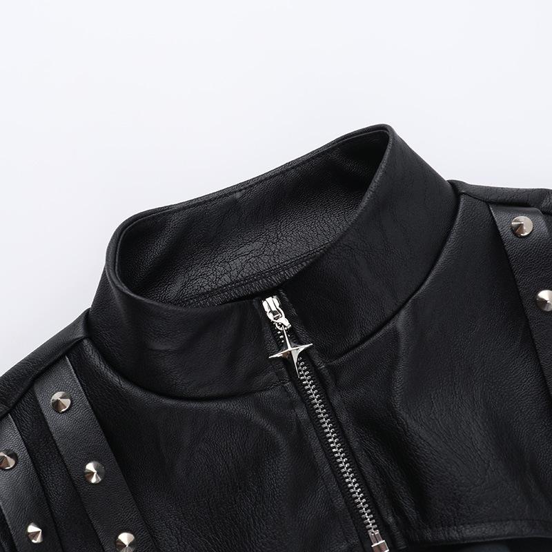 High neck PU leather zip-up hollow out shrug top