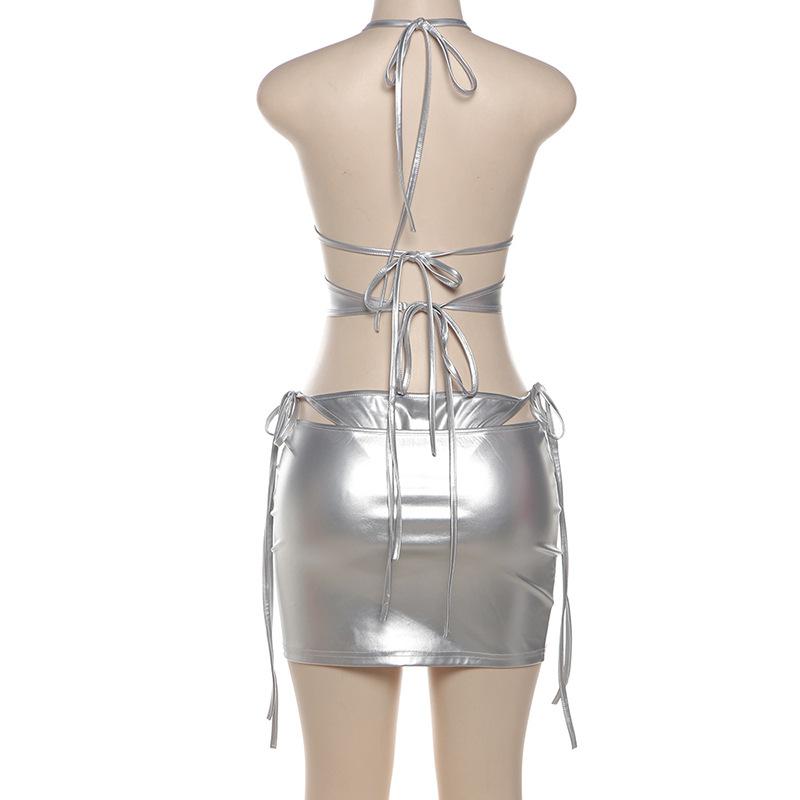 Halter PU leather metallic hollow out 3 piece mini skirt set