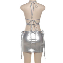 Halter PU leather metallic hollow out 3 piece mini skirt set