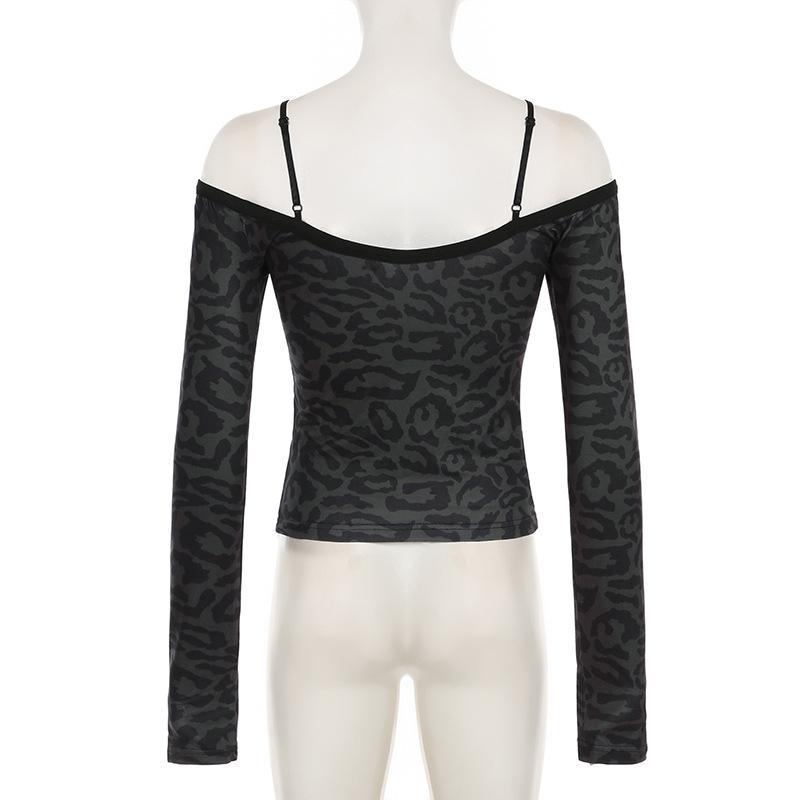 Leopard print long sleeve lace hem off shoulder top