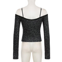 Leopard print long sleeve lace hem off shoulder top