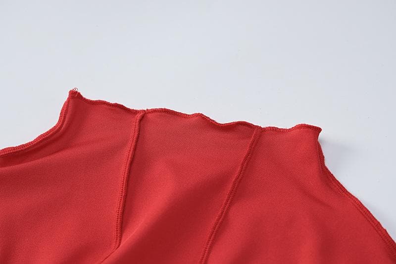 Long sleeve solid feather ruffle high neck backless midi dress  | red tango dress