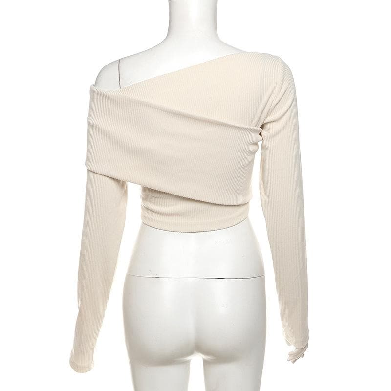 Long sleeve one shoulder flower applique ribbed crop top