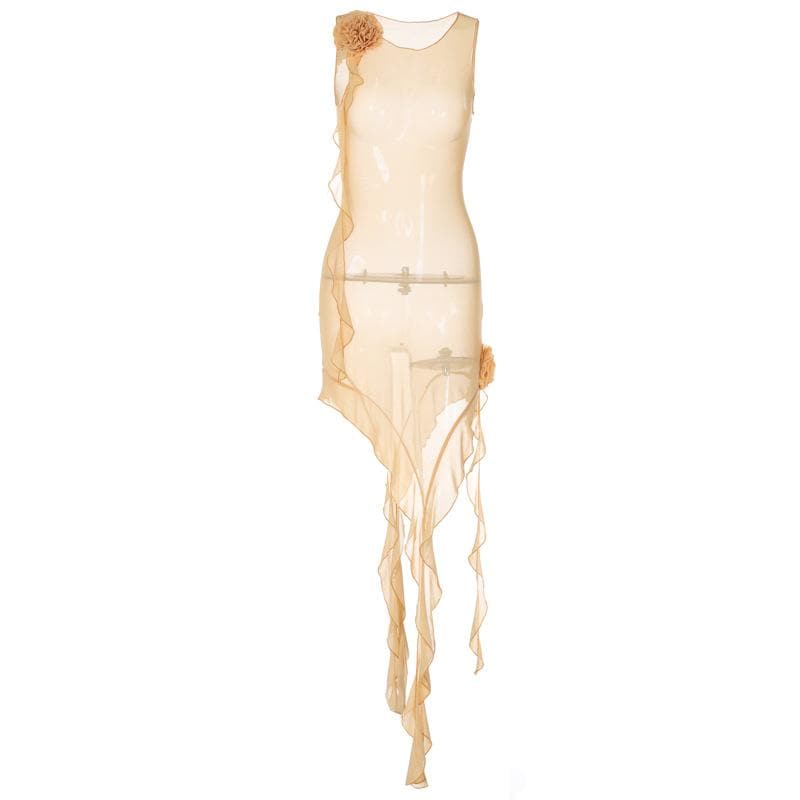 Ruffle sheer mesh see through flower applique ribbon sleeveless midi dress  | red tango dress  | samba dress