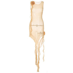 Ruffle sheer mesh see through flower applique ribbon sleeveless midi dress  | red tango dress  | samba dress