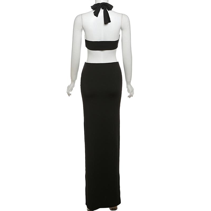Self tie halter hollow out backless solid maxi dress