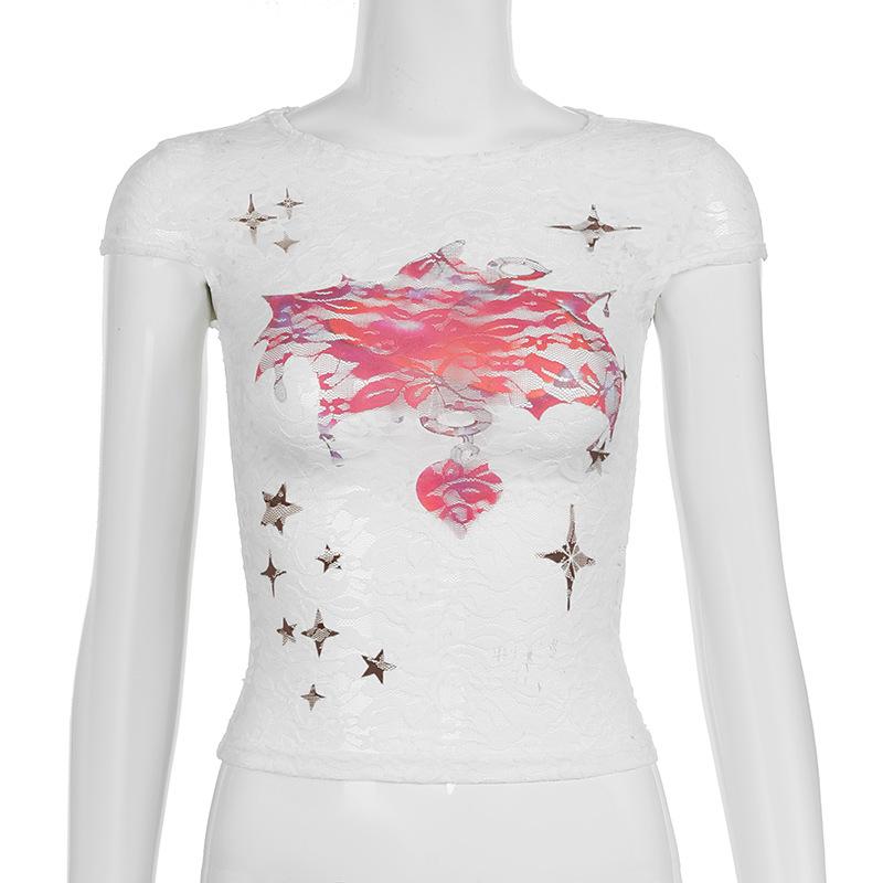 Cap sleeve round neck lace print top