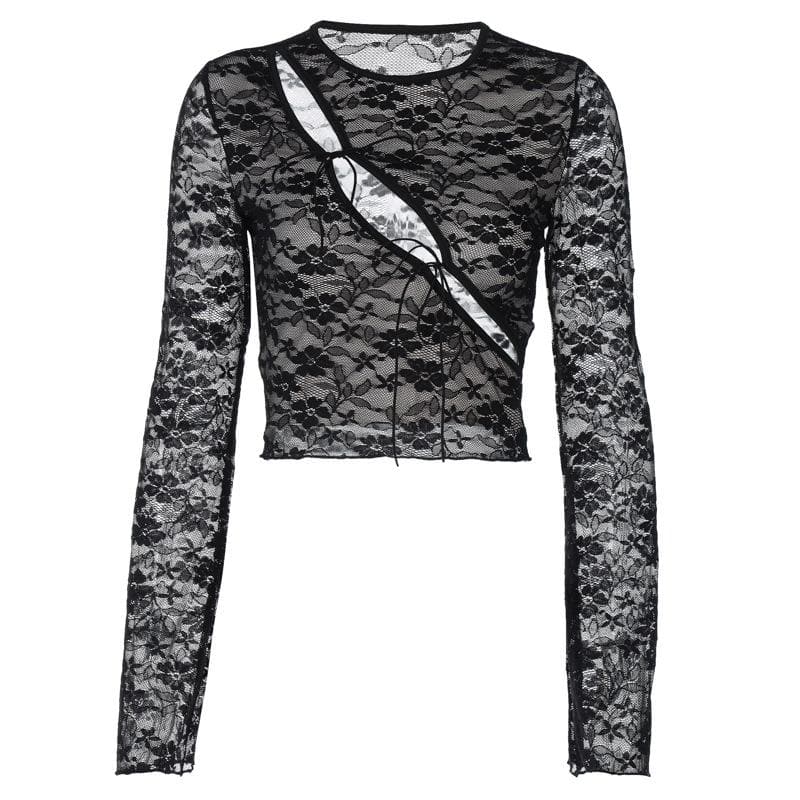 Long sleeve hollow out see through lace crop cut out top
