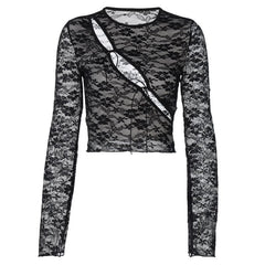 Long sleeve hollow out see through lace crop cut out top