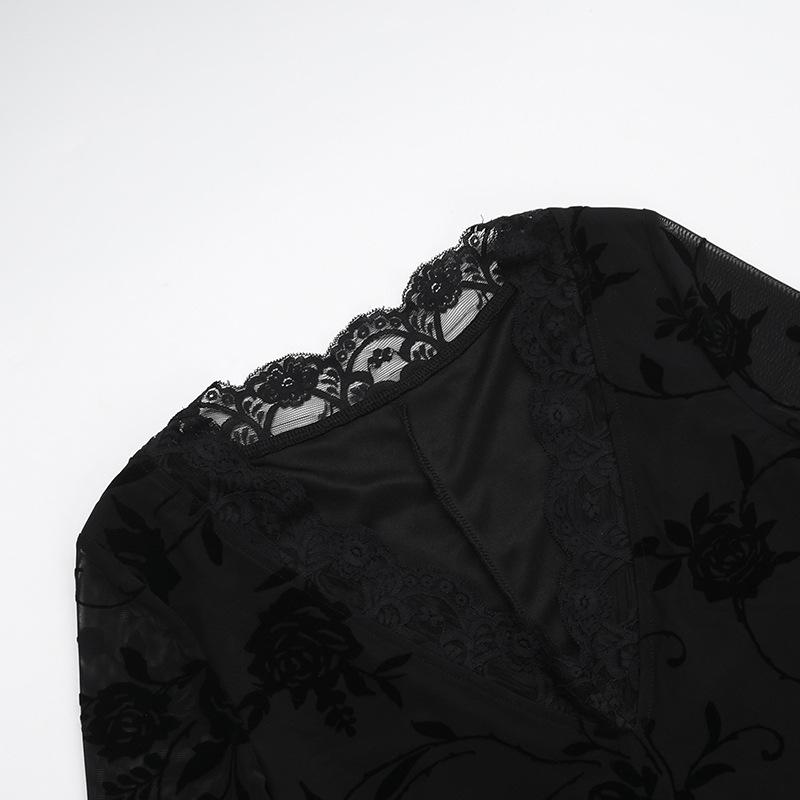V neck long sleeve flower pattern mesh mini dress