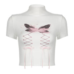 Short sleeve high neck butterfly print bowknot crop top