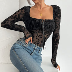 Square neck long sleeve self tie bodysuit