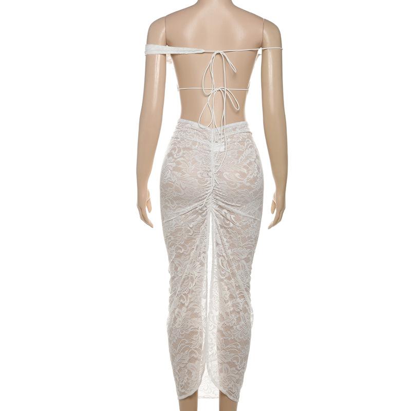 Off shoulder lace self tie backless slit maxi skirt set