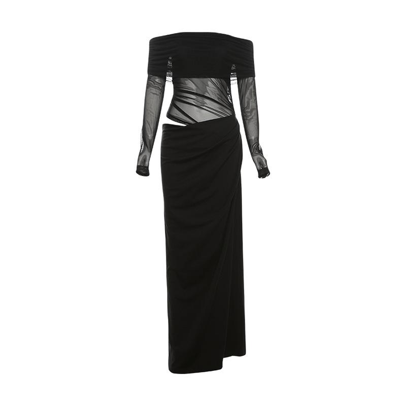Off shoulder hollow out mesh maxi dress