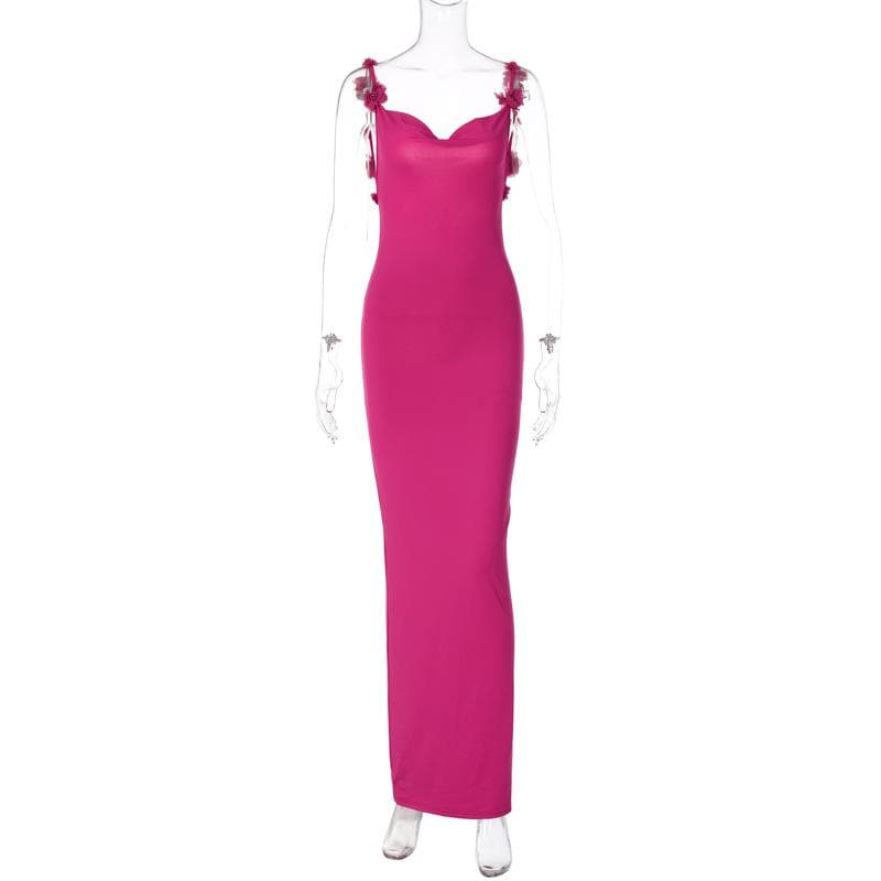 Flower applique cowl neck backless solid maxi dress  | red tango dress