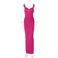Flower applique cowl neck backless solid maxi dress  | red tango dress