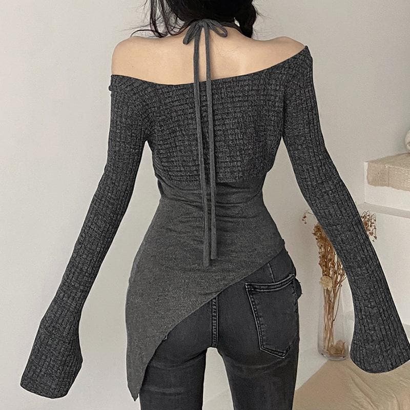 Long sleeve contrast halter o ring self tie irregular 2 piece crop top