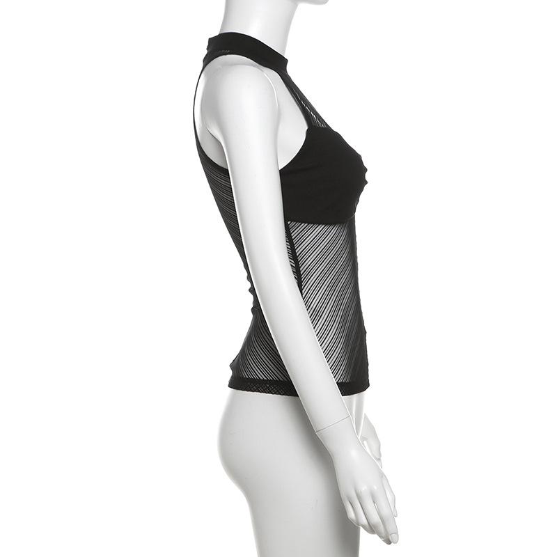 High neck ruched hollow out mesh zip-up tank top