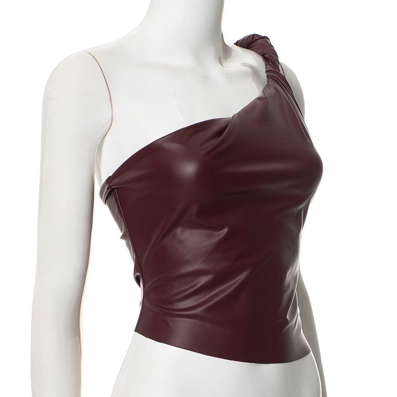 One shoulder PU leather ruched backless top