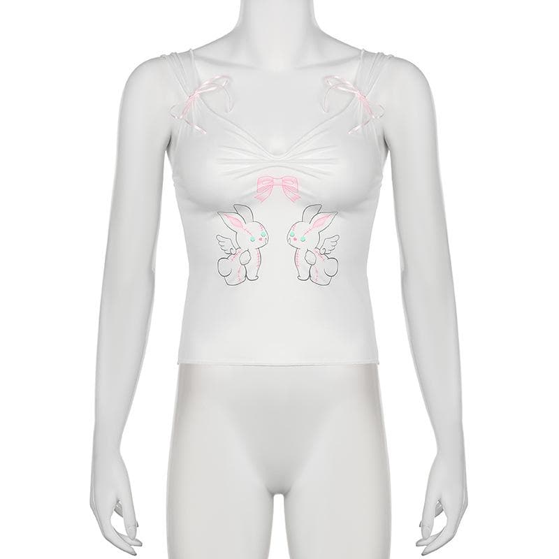 Bowknot rabbit print ruched v neck cami top