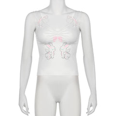 Bowknot rabbit print ruched v neck cami top
