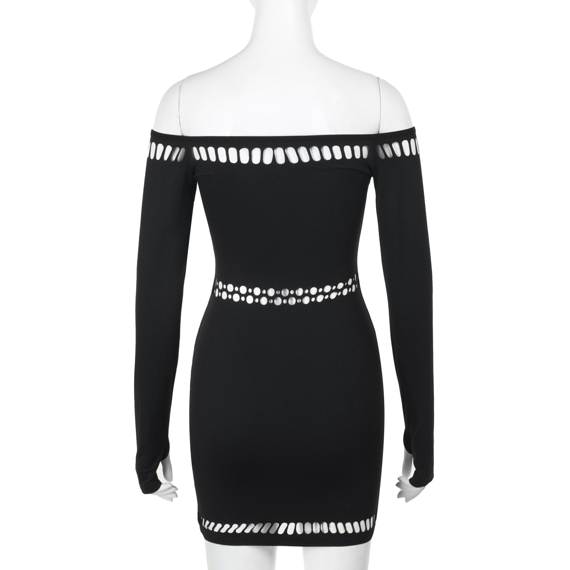 Off shoulder long sleeve hollow out beaded mini dress