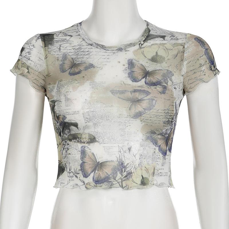 Short sleeve crewneck butterfly print sheer mesh top