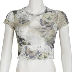 Short sleeve crewneck butterfly print sheer mesh top