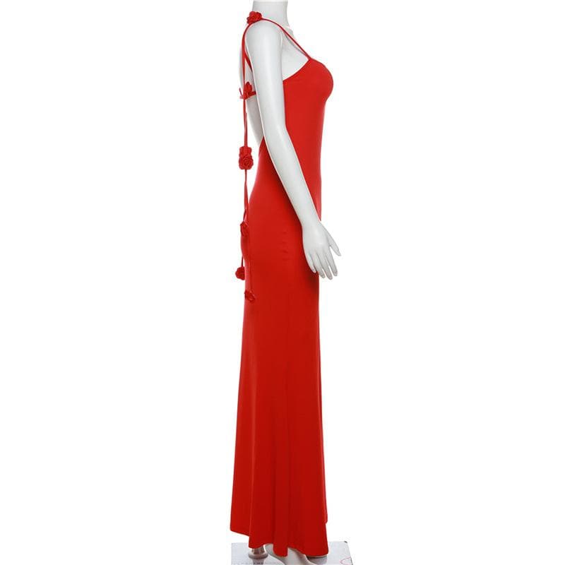 Flower applique backless solid v neck ribbon cami maxi dress  | red tango dress
