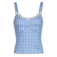 Lace hem plaid backless bowknot cami top