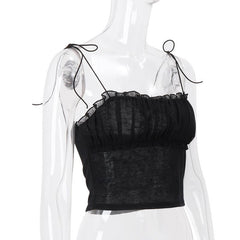 Mesh ruched ruffle knotted cami top