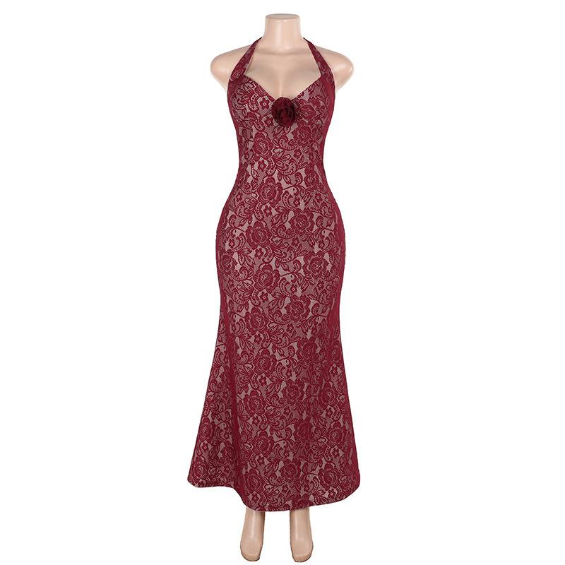 Halter lace flower applique maxi dress
