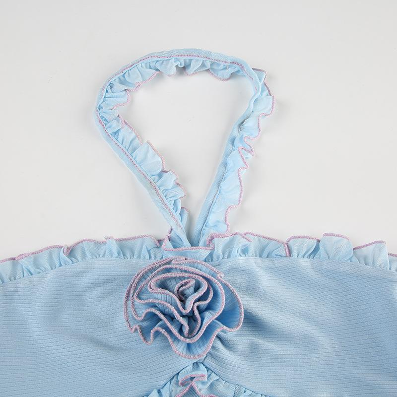 Halter rose applique ruffle ribbed crop top