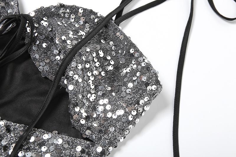 Glitter hollow out self tie backless v neck cami top