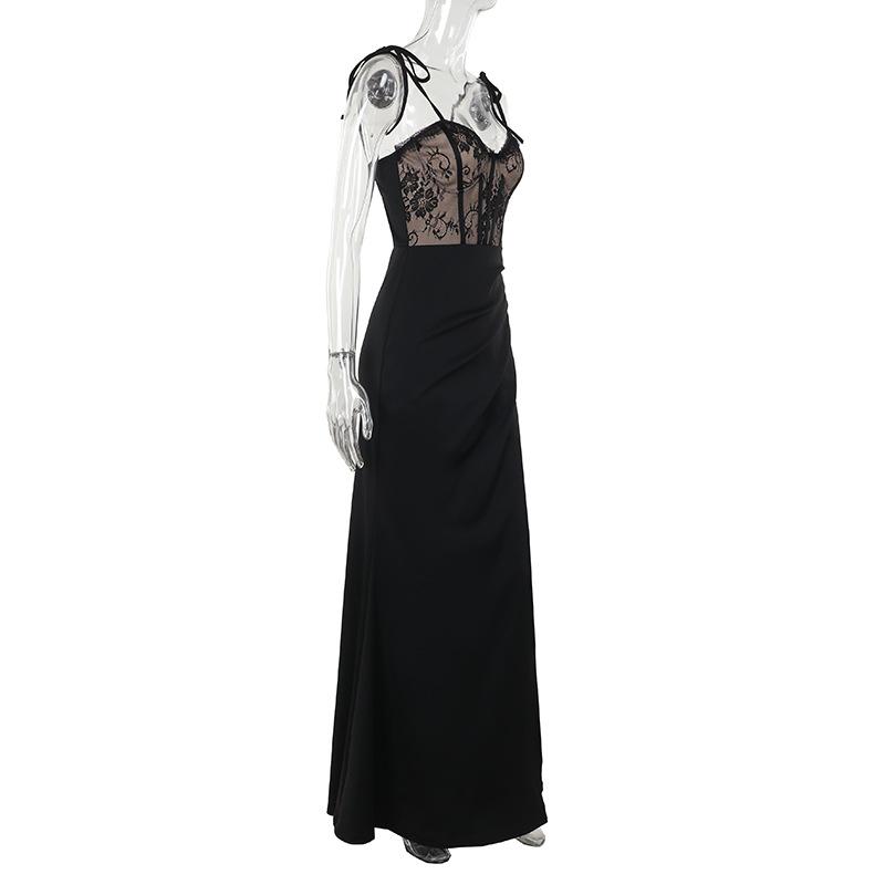 Sweetheart neck lace patchwork slit cami maxi dress