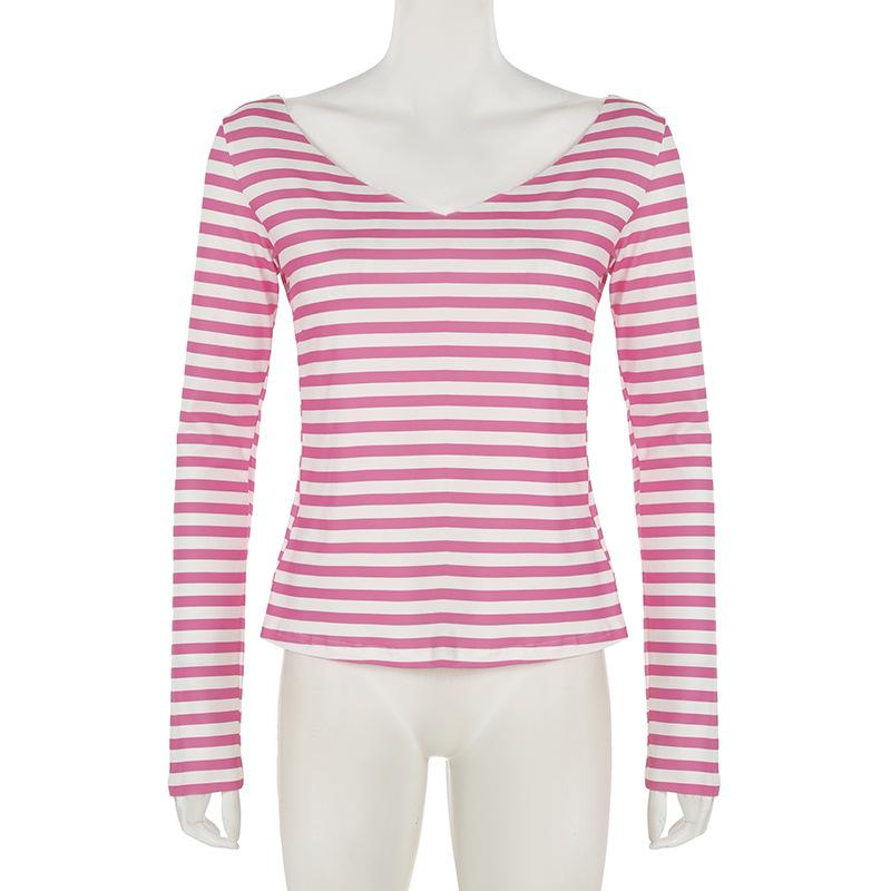 V neck long sleeve striped top