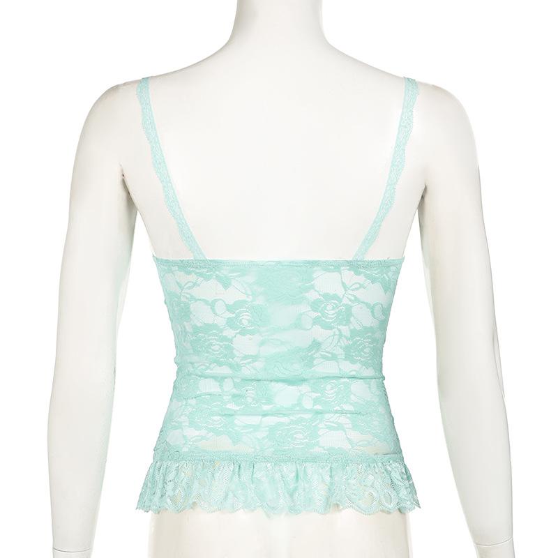 Lace flower pattern bowknot ruffle cami top