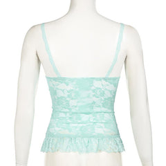 Lace flower pattern bowknot ruffle cami top