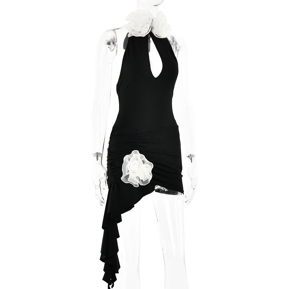 Halter ruched flower applique ruffle mini dress